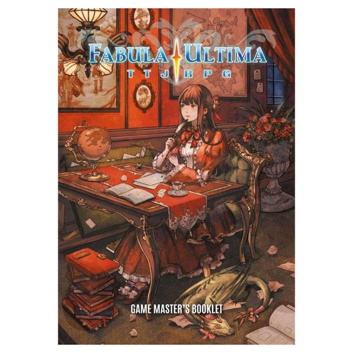 Fabula Ultima: Game Master’s Toolkit - Fantasy-themed game master’s booklet cover featuring a young woman in medieval attire at a wooden desk surrounded by books.