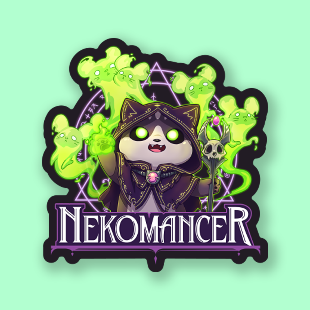 Nekomancer Sticker - Glossy sticker featuring a cute cat dressed as a dark wizard casting green magical spells, with purple geometric background.