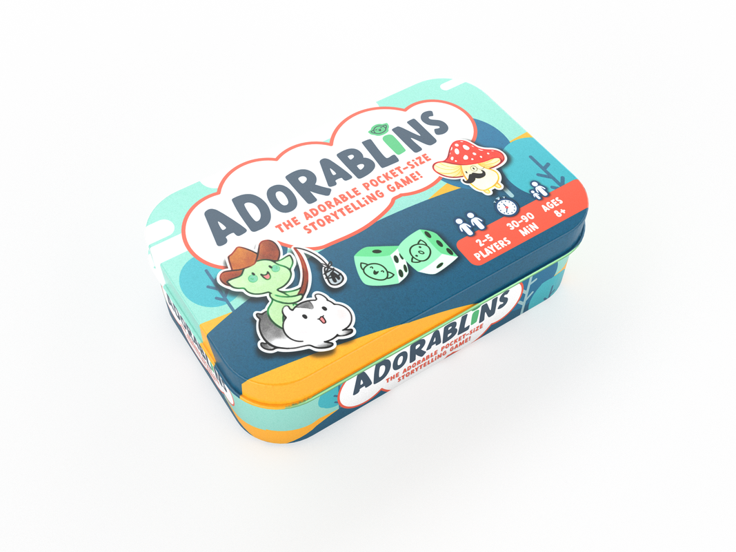 Adorablins - Small rectangular tin box with rounded edges in bright teal and yellow, featuring cartoon animal illustrations and bold.