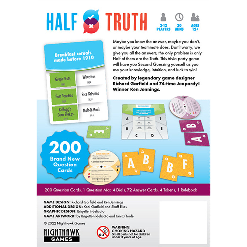 Half Truth: Second Guess - Second Guess party game box with colorful question cards, answer cards, and a scoring board displayed on a white background.