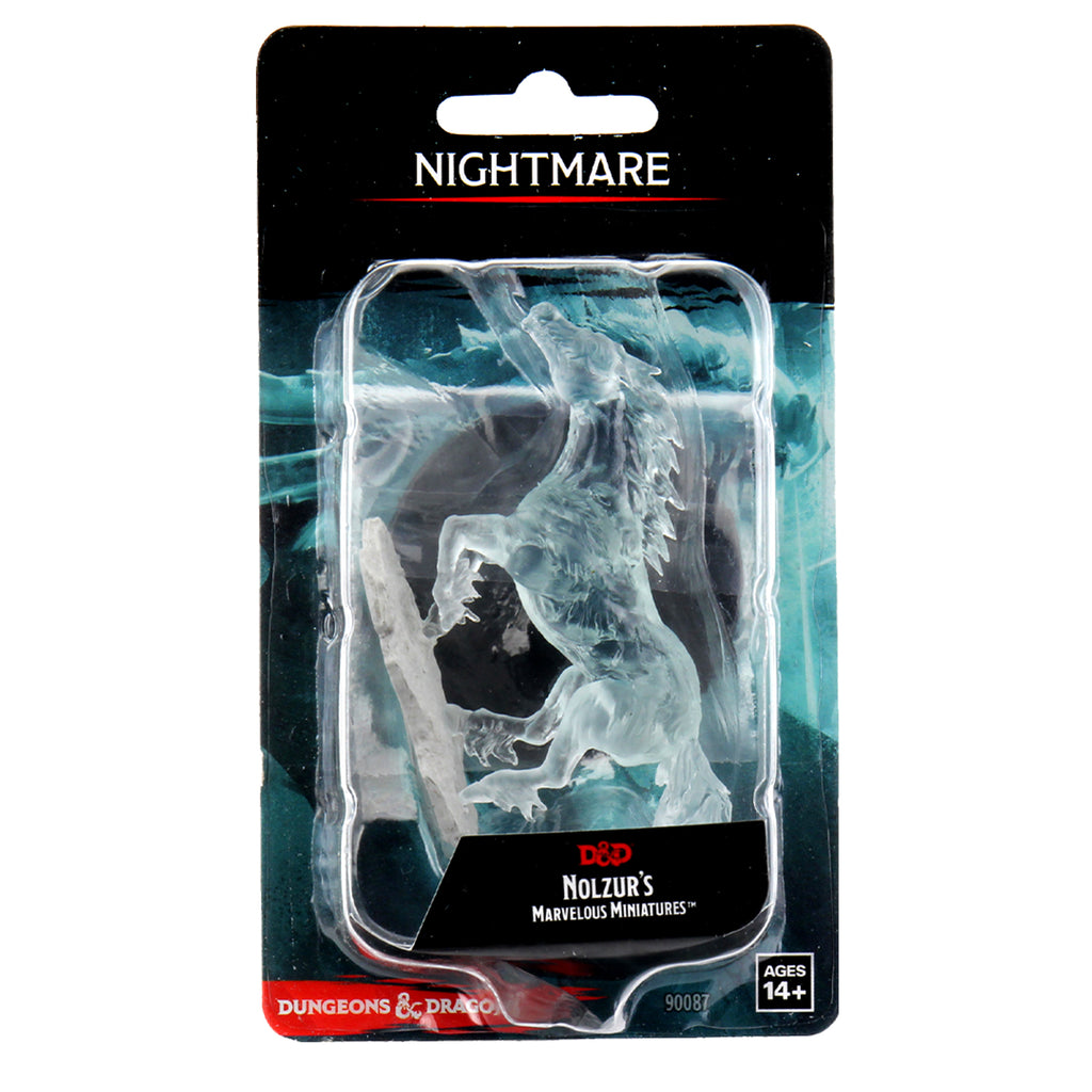D&D Nolzur's Marvelous Miniatures: Nightmare - Unpainted translucent resin miniature of a ghostly, rearing nightmare horse with flowing mane and tail, packaged in blister.