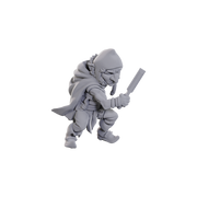 Critical Role Unpainted Miniatures: Chetney Pock O'Pea & Werewolf - Unpainted gray resin miniature of a crouching character holding a scroll, wearing a hooded cloak and detailed medieval.