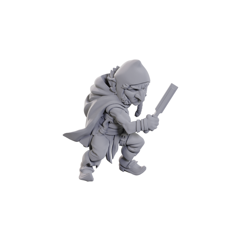 Critical Role Unpainted Miniatures: Chetney Pock O'Pea & Werewolf - Unpainted gray resin miniature of a crouching character holding a scroll, wearing a hooded cloak and detailed medieval.