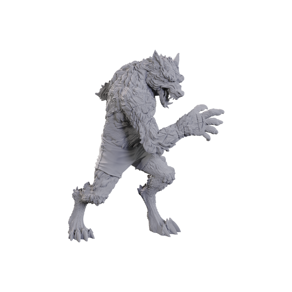 Critical Role Unpainted Miniatures: Chetney Pock O'Pea & Werewolf - Unpainted gray plastic miniature of a werewolf with fur texture, claws, and snarling expression.