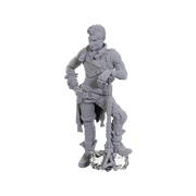 Critical Role Unpainted Miniatures: Ashton Greymoore - Unpainted gray resin miniature of a male warrior with detailed armor, boots, and a sword sheath standing confidently on a.