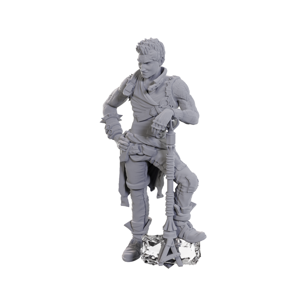 Critical Role Unpainted Miniatures: Ashton Greymoore - Unpainted gray resin miniature of a male warrior with detailed armor, boots, and a sword sheath standing confidently on a.