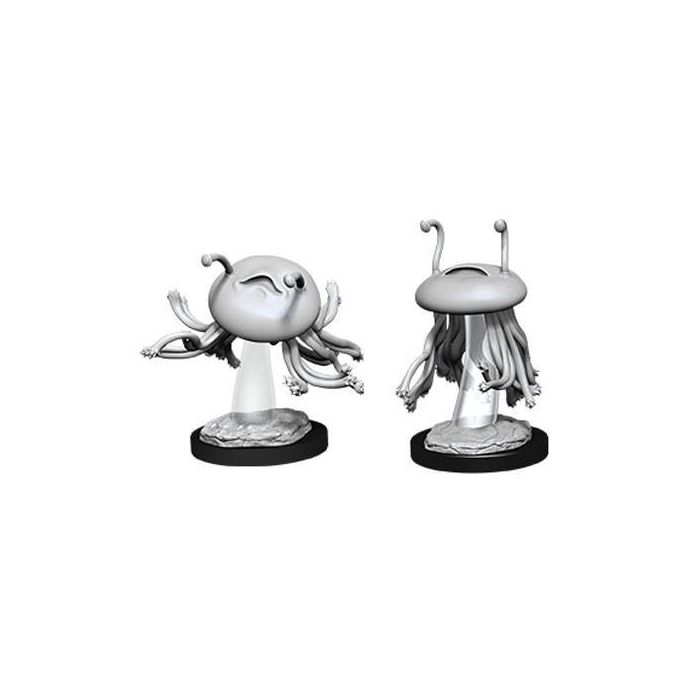 D&D Nolzur's Marvelous Miniatures: Flumph - Gray plastic miniature of a Flumph creature with tentacles and eyestalks on round black bases.