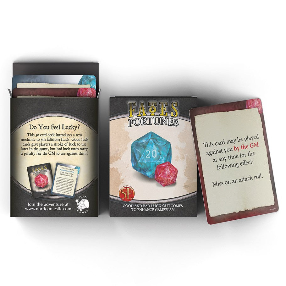 D&D 5E - Fates & Fortunes Deck - Deck of D&D 5E Fates & Fortunes cards with colorful d20 dice illustration and rule card on white background.