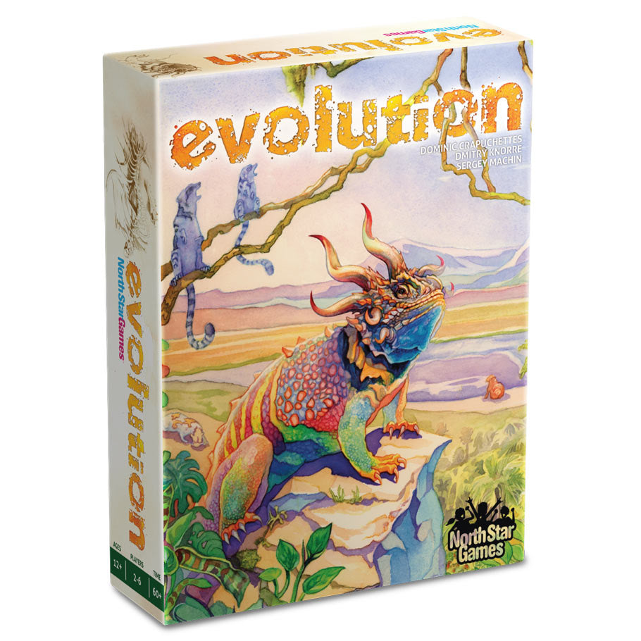 Evoluton - Colorful fantasy reptile with horns on rocky landscape, Evolution card game box with vibrant lettering.
