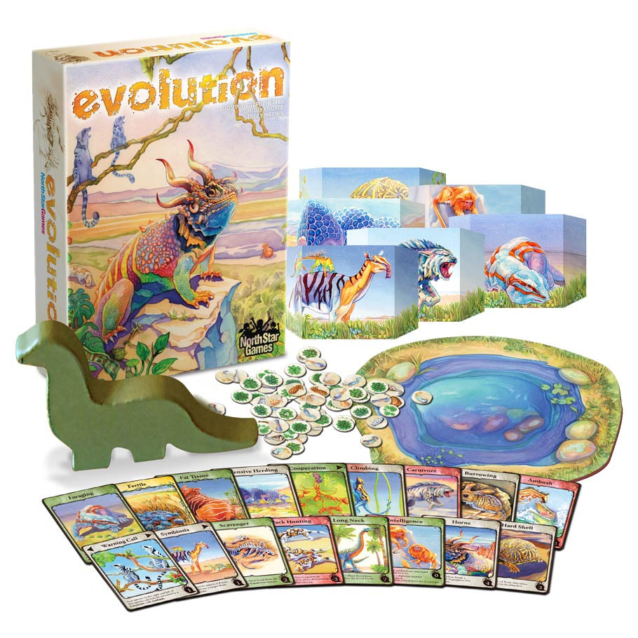 Evoluton - Colorful evolution-themed card game with dinosaur tokens, round pond board, and illustrated cards.