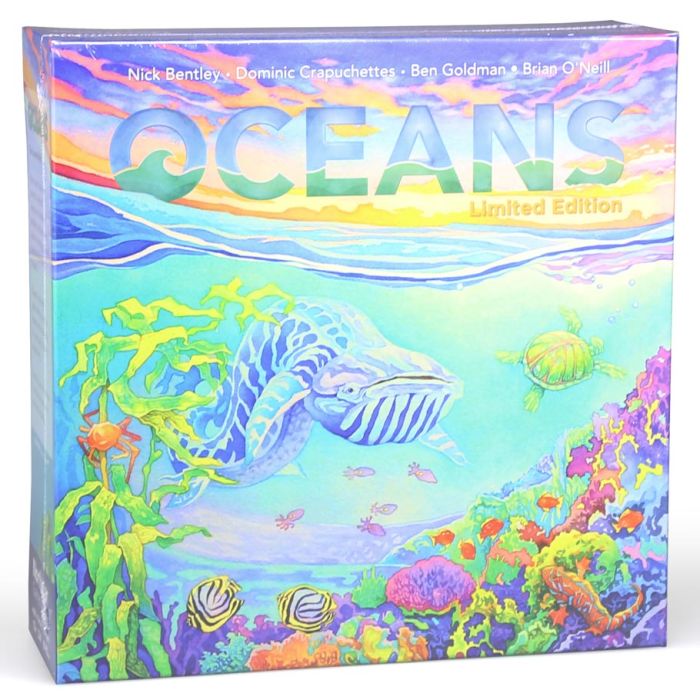 Evolution: Oceans - Colorful card game box featuring underwater ocean scene with fish, coral, and a large whale shark illustration.