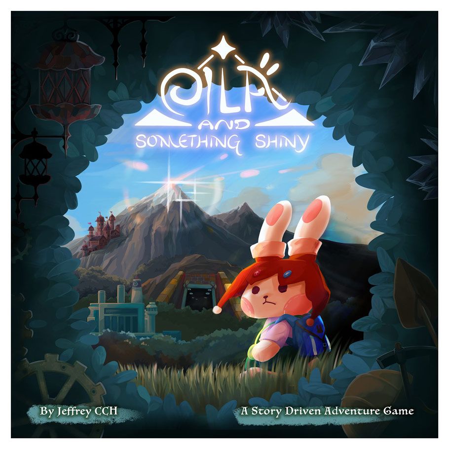 Eila and Something Shiny - Board game box featuring a rabbit character with red hair and blue outfit against a mountainous fantasy landscape with.
