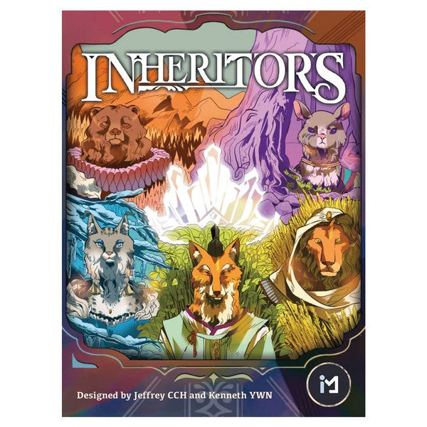 Inheritors - Colorful card game box cover featuring illustrated animal characters—a fox, bear, lion, wolf, and squirrel—against a fantasy