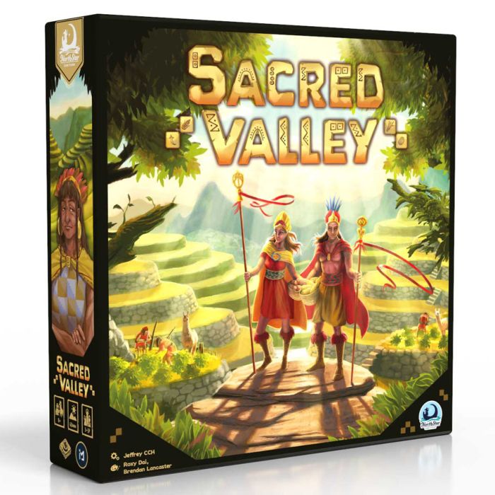 Sacred Valley - Square board game box with vibrant illustration of natives in traditional attire against terraced green hills and a bright.