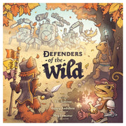 Defenders of the Wild - Colorful board game cover featuring anthropomorphic animals armed for battle against large mechanical robots in an autumn.
