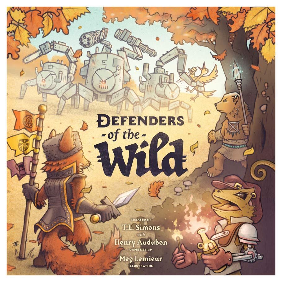 Defenders of the Wild - Colorful board game cover featuring anthropomorphic animals armed for battle against large mechanical robots in an autumn.