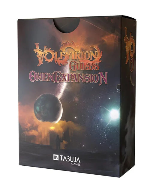 Volfyirion Guilds: Omen Expansion - Black rectangular box featuring fiery orange and gold "Volfyirion Guilds Omen Expansion" text with a cosmic background of.