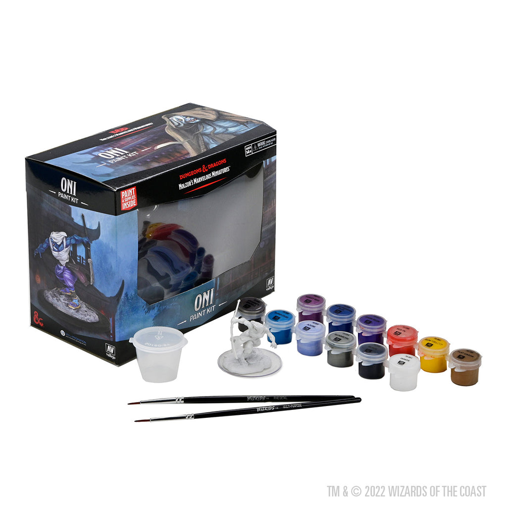 Paint Night Kit: D&S Nolzur's Marvelous Minis Oni - Paint Night Kit with unpainted oni miniature, two fine paintbrushes, 12 small paint pots in various colors, and a water cup,