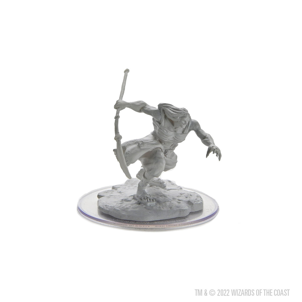 Paint Night Kit: D&S Nolzur's Marvelous Minis Oni - Unpainted gray plastic miniature of a crouching oni holding a long weapon on a round base.