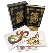 The Field Guide to Floral Dragons: Dragon Bestiary Box Set, Deluxe Edition (5e) - Deluxe black slipcase and book with gold floral dragon designs, accompanied by illustrated dragon art cards.