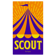 Scout - Tall rectangular box with bold orange and purple circus tent stripes, topped by a small flag, and the word "SCOUT" in large.