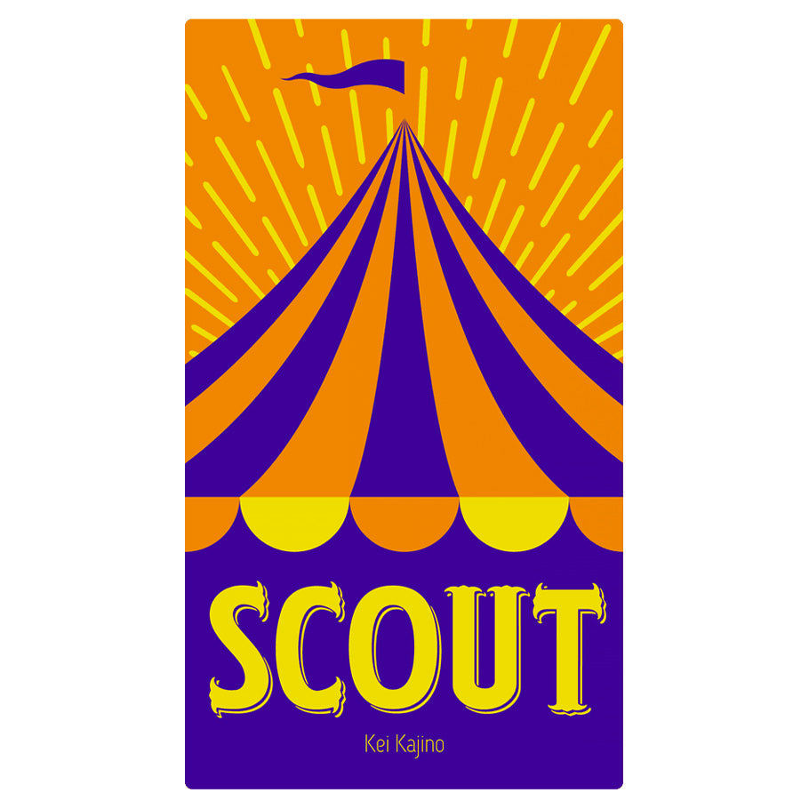 Scout - Tall rectangular box with bold orange and purple circus tent stripes, topped by a small flag, and the word "SCOUT" in large.