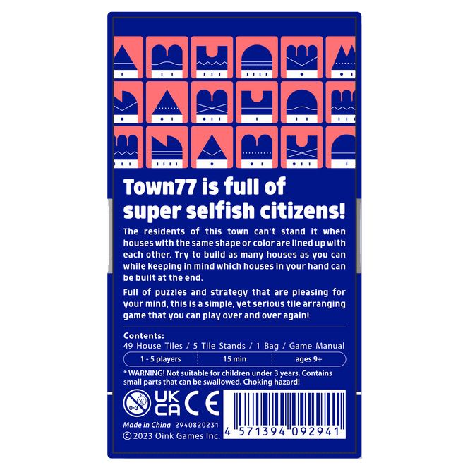Town 77 - Blue and pink rectangular card game box with graphic icons and white text detailing game description and contents.