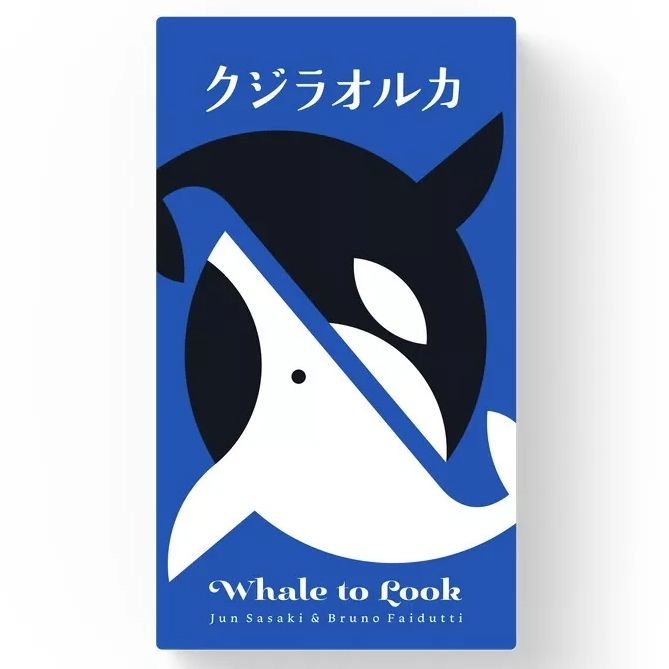 Whale to Look - Blue rectangular game box featuring a stylized black and white orca whale illustration with Japanese text above and English.