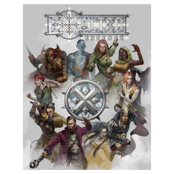 Exalted: Essence Core Rulebook - Exalted Essence Core Rulebook with fantasy characters surrounding a circular emblem on white background.