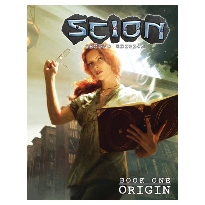 Scion: Origin - Fantasy book cover featuring a red-haired woman in a green dress conjuring magic from an open ancient book.