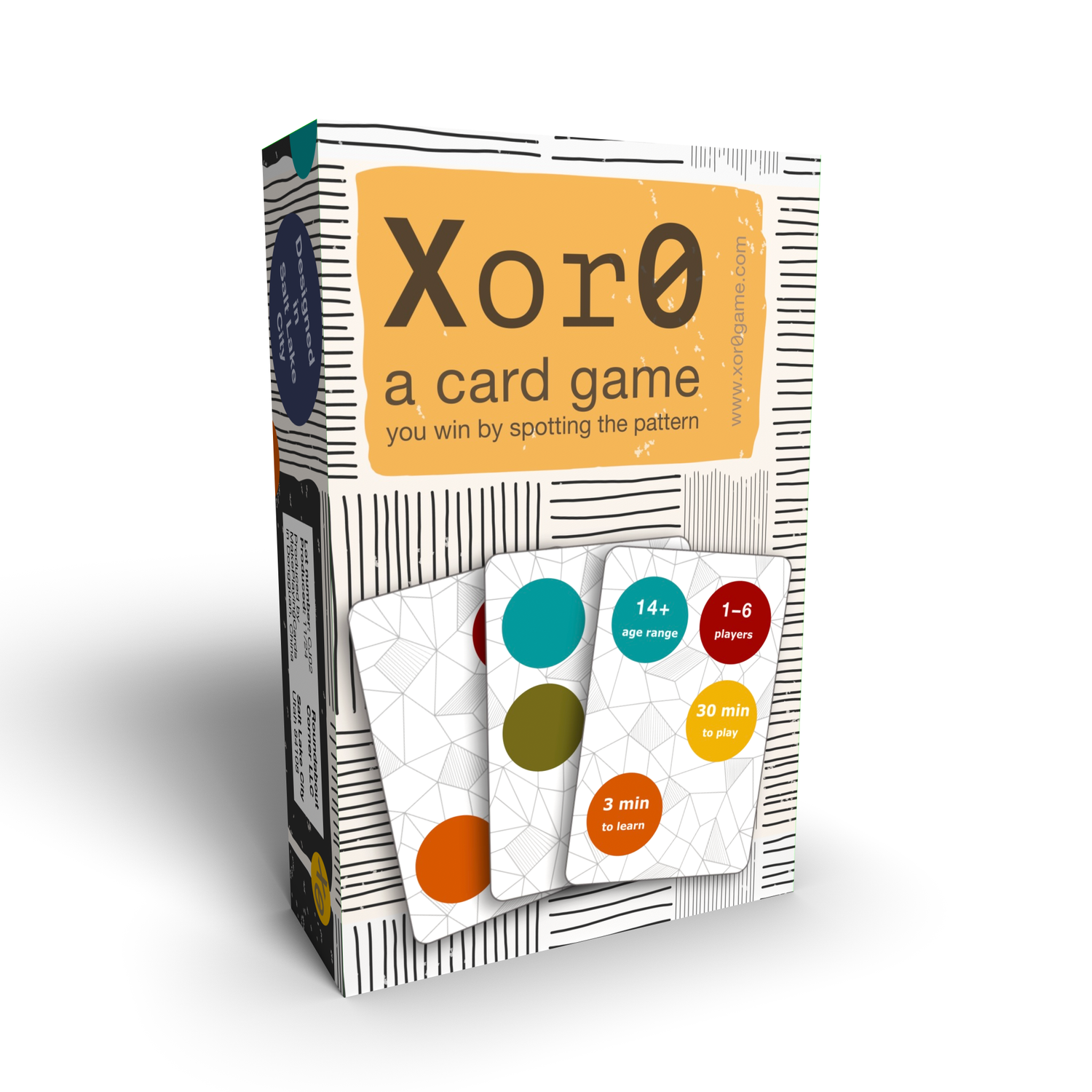 Xor0 - Xor0 card game box with abstract black-and-white pattern, orange label, and colorful game cards with geometric shapes.
