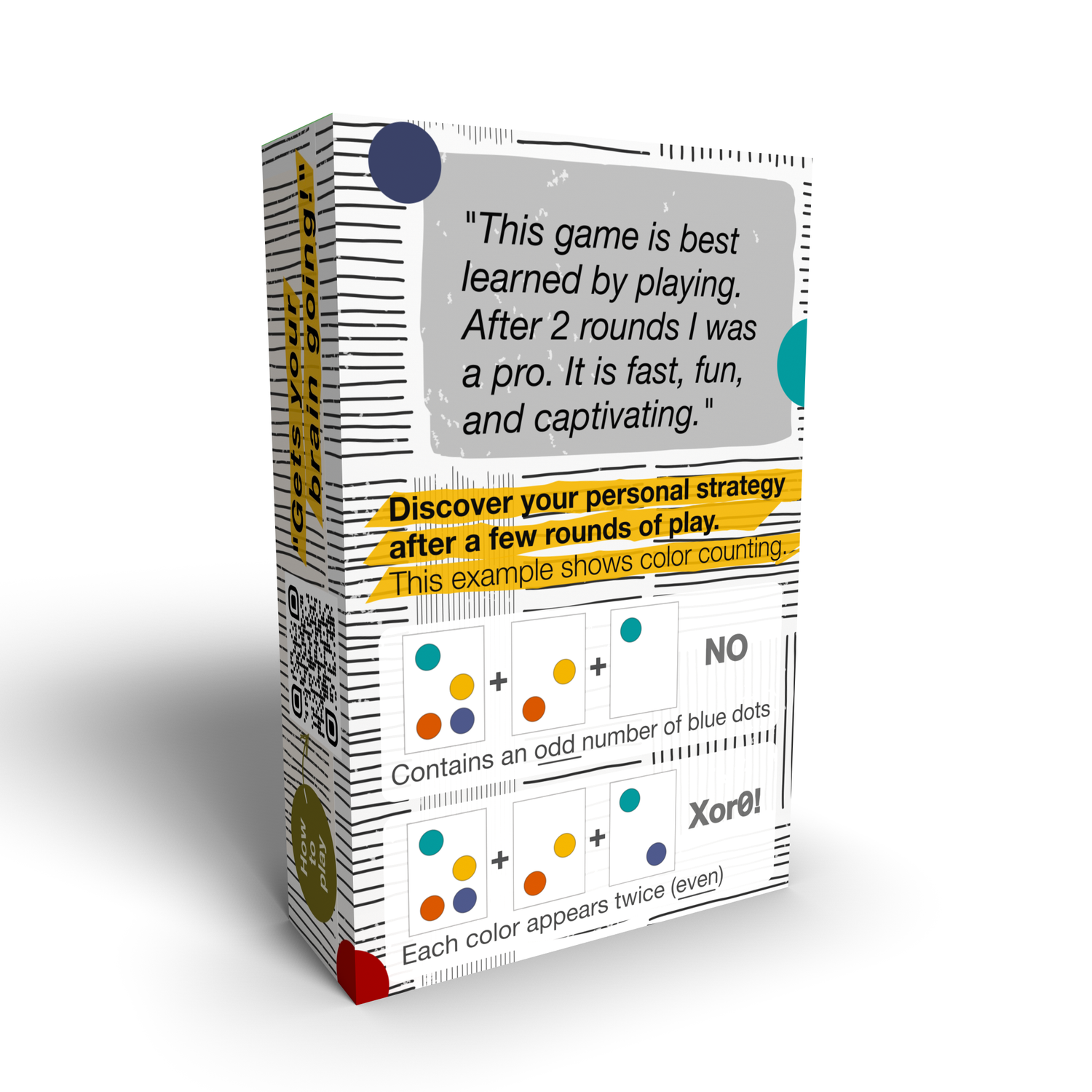 Xor0 - Rectangular card game box with white background, blue and red dots, and black text explaining gameplay and strategies.