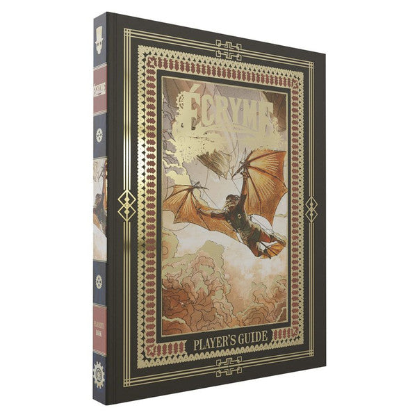 Ecryme: Player’s Guide - Player’s Guide with ornate gold and red border and dragon rider illustration.