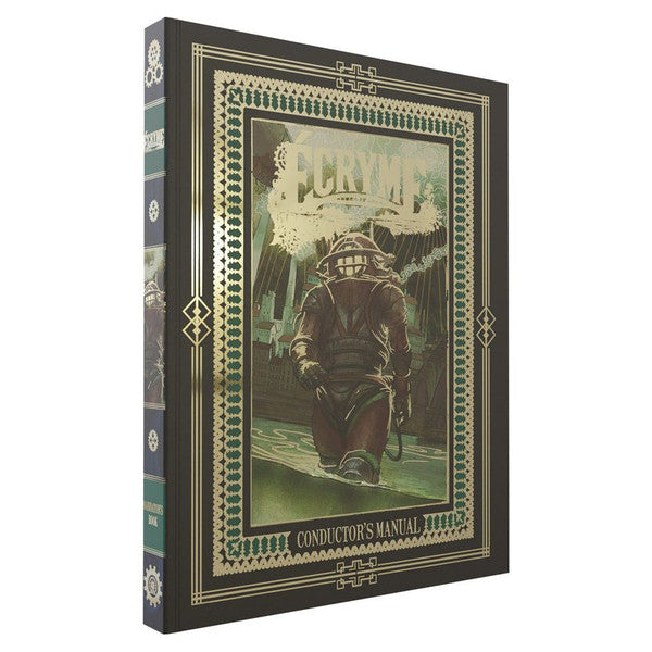 Ecryme: Conductor’s Manual - Dark green and black hardcover RPG book with decorative gold border and an illustration of a person in diver gear kneeling.