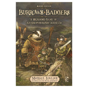 Burrows and Badgers - Brown-beige book cover featuring anthropomorphic badger and mouse characters in medieval armor holding weapons, titled.