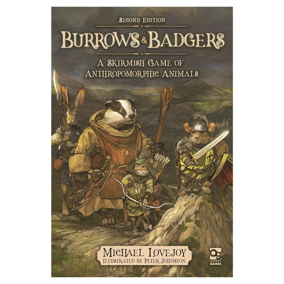 Burrows and Badgers - Brown-beige book cover featuring anthropomorphic badger and mouse characters in medieval armor holding weapons, titled.