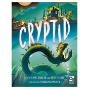Cryptid - Board game box with a green serpent-like creature rising from water, mountainous background, and bold white "Cryptid" title.
