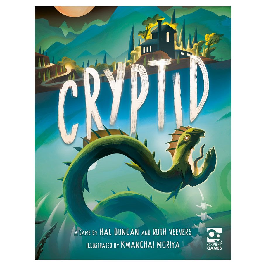 Cryptid - Board game box with a green serpent-like creature rising from water, mountainous background, and bold white "Cryptid" title.