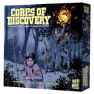 Corps of Discovery - Board game box with dark blue and gray tones showing explorers in period clothing holding a torch in a forest at night,.