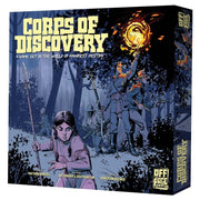Corps of Discovery - Board game box with dark blue and gray tones showing explorers in period clothing holding a torch in a forest at night,.