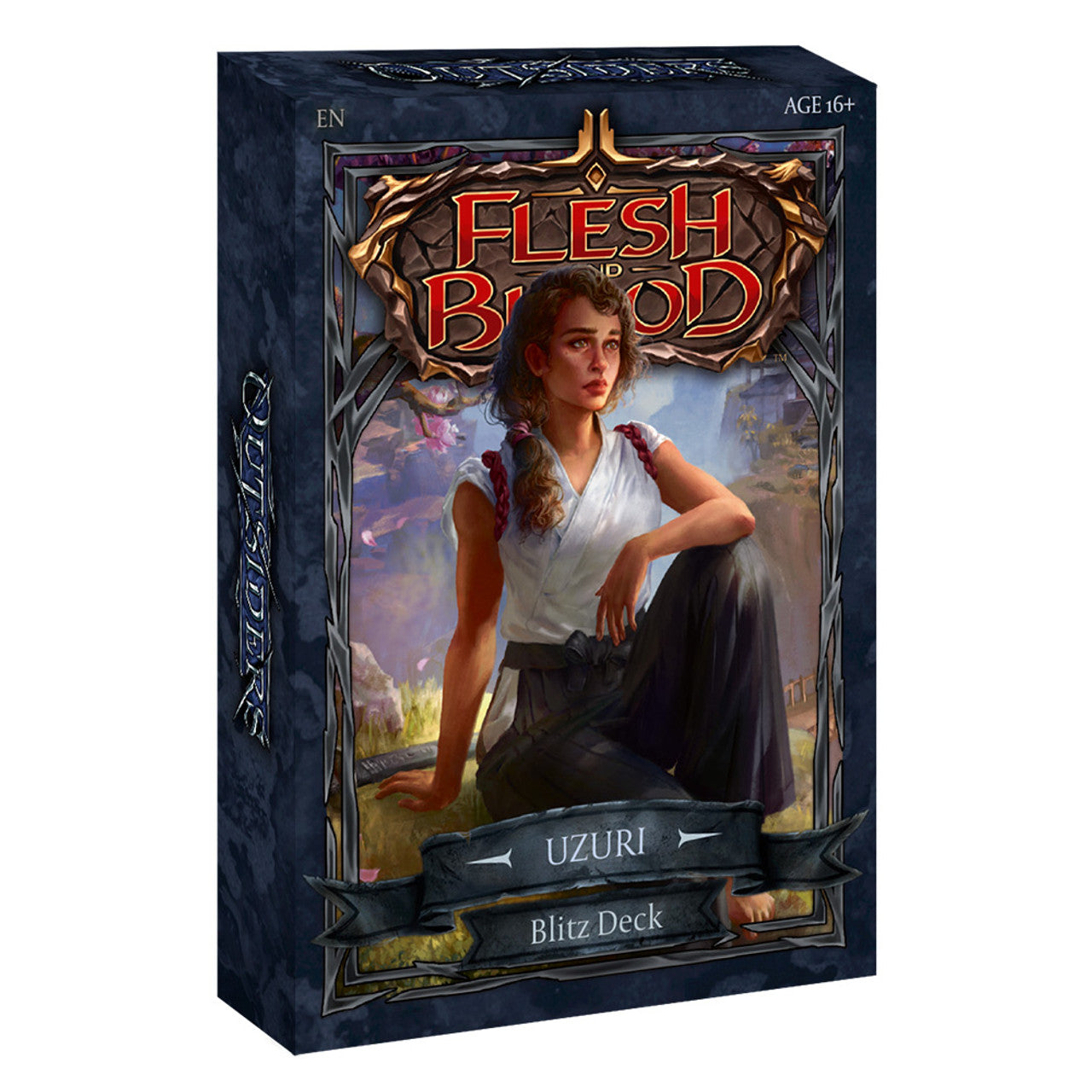 Flesh and Blood - Outsiders - Blitz Deck - Uzuri - Flesh and Blood Outsiders Blitz Deck Uzuri box featuring a red-haired woman in white blouse and dark pants sitting outdoors.