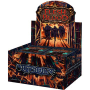 Flesh and Blood - Outsiders - Booster Box - Flesh and Blood Outsiders booster box with dark fiery artwork and silhouettes of four characters on front panel.