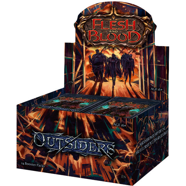Flesh and Blood - Outsiders - Booster Box - Flesh and Blood Outsiders booster box with dark fiery artwork and silhouettes of four characters on front panel.