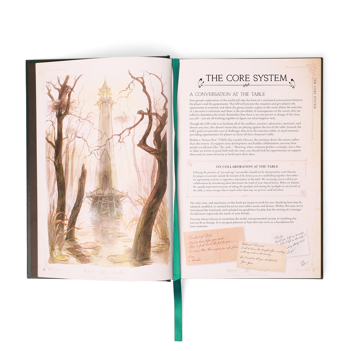 Candela Obscura Core Rulebook - Standard Edition - Open Candela Obscura Core Rulebook showing illustrated spooky tower and text pages with handwritten notes and teal ribbon.