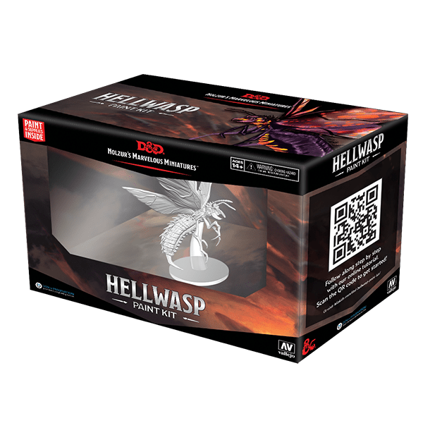 Paint Night Kit: D&S Nolzur's Marvelous Minis Hellwasp - Paint Night Kit box featuring D&D Nolzur's Marvelous Minis Hellwasp model with black and red packaging and a clear window.