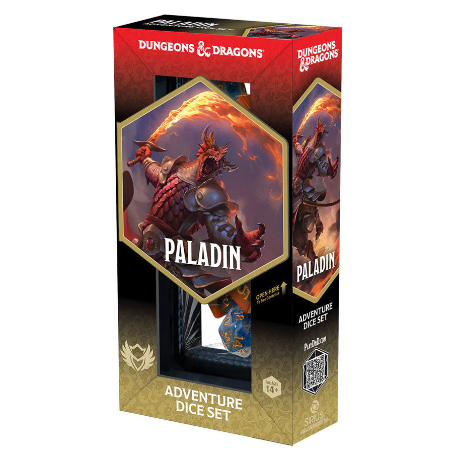 D&D Adventure Dice - Dungeons & Dragons Paladin-themed adventure dice set in black and red packaging with fiery warrior artwork.