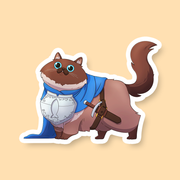Paladin Class D&D Cat Sticker - Brown cat wearing blue paladin cloak and silver armor with sword sticker.