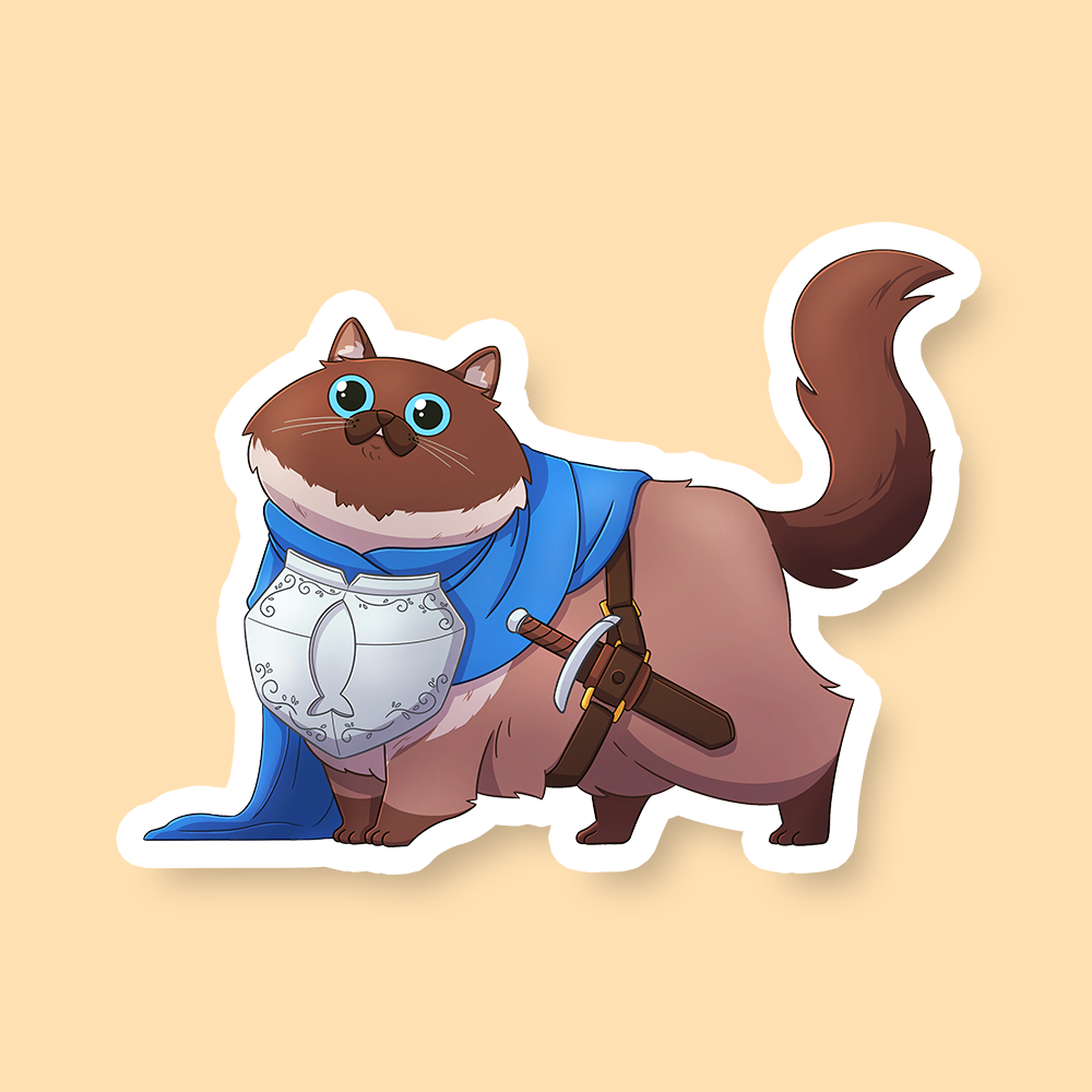Paladin Class D&D Cat Sticker - Brown cat wearing blue paladin cloak and silver armor with sword sticker.