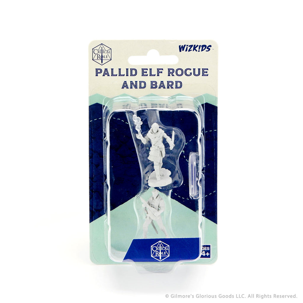 Critical Role Mini: Pallid Elf Rogue & Bard Male - Unpainted Pallid Elf male miniature in dynamic pose holding dagger and lute, plastic figure.