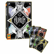 Aurum - Aurum card game box with black, white, blue, red, and green cards featuring geometric patterns and hand illustrations.